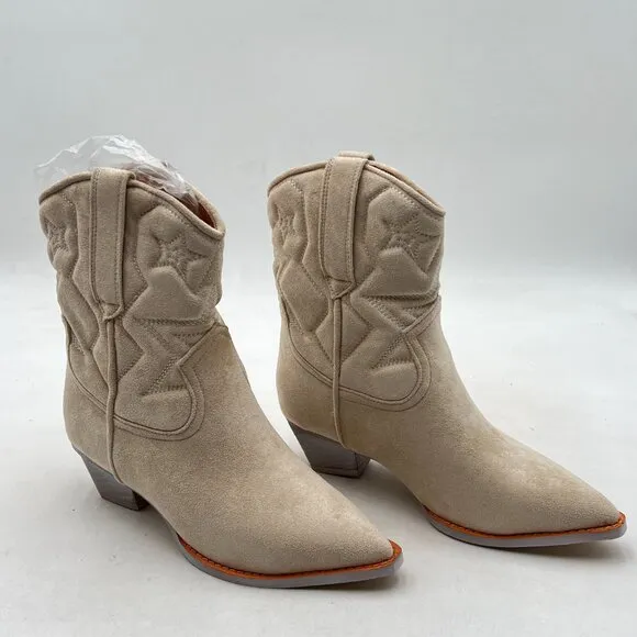 Nude Suede Women Square Toe Comfort Kitten Low Heel Ankle Boot Pull On Bootie