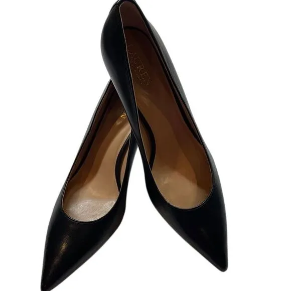 NWOB LAUREN Ralph Lauren Classic Black Leather Pointed Toe Pumps Mid Heel Sz 9.5