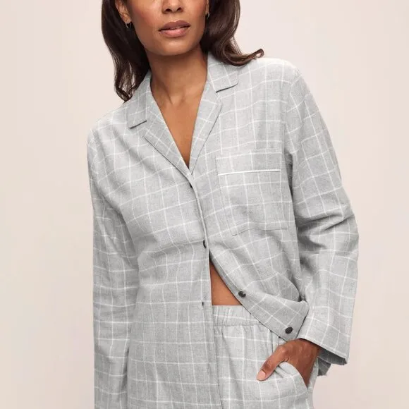 NWOT - Eberjey Flannel Long PJ Set 4.7 (15) Wintercheck Heather Grey/Ivory - M