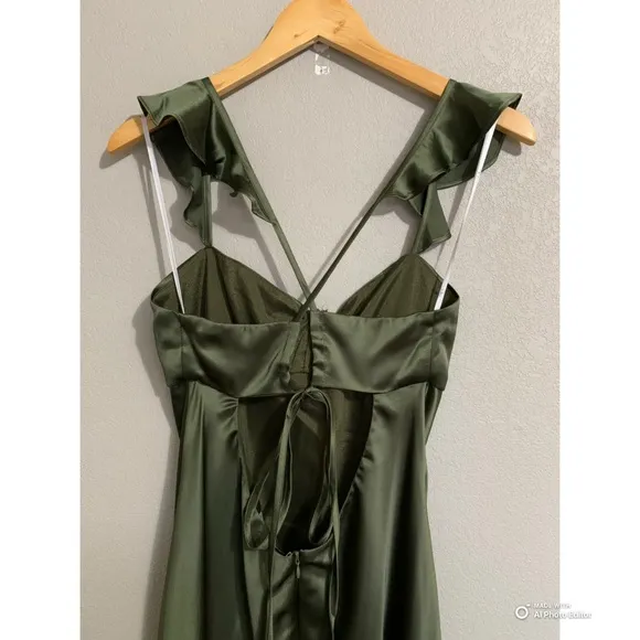 NWOT Lulus Size XL Exuberant Luxury Olive Green Satin Ruffled Lace-Up Maxi Dress