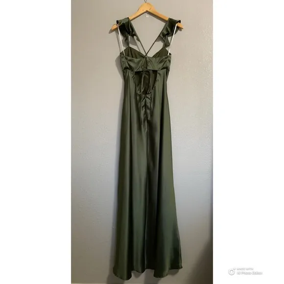 NWOT Lulus Size XL Exuberant Luxury Olive Green Satin Ruffled Lace-Up Maxi Dress