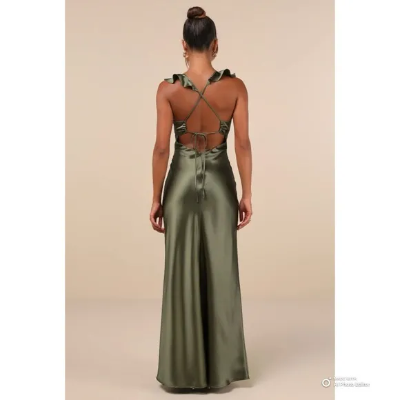 NWOT Lulus Size XL Exuberant Luxury Olive Green Satin Ruffled Lace-Up Maxi Dress