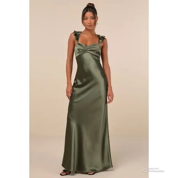 NWOT Lulus Size XL Exuberant Luxury Olive Green Satin Ruffled Lace-Up Maxi Dress