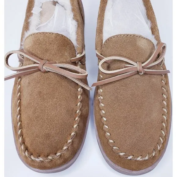 NWOT MY SLIPPERS Men's Size 9 Tan Suede Moccasin Faux Fur Lined Bedroom Shoes