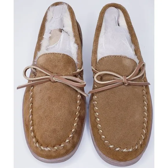 NWOT MY SLIPPERS Men's Size 9 Tan Suede Moccasin Faux Fur Lined Bedroom Shoes