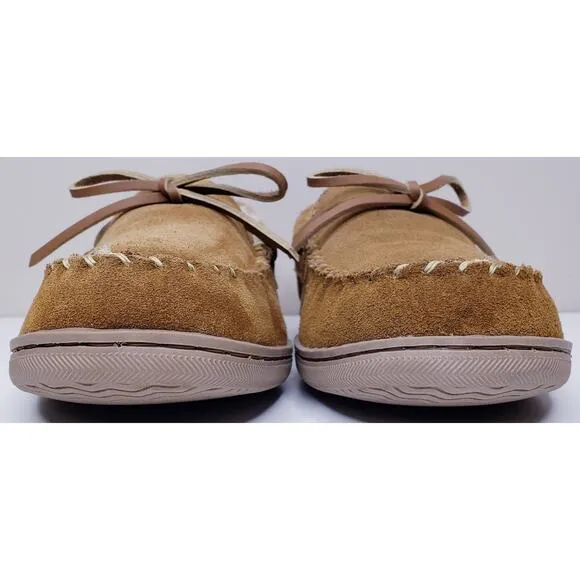 NWOT MY SLIPPERS Men's Size 9 Tan Suede Moccasin Faux Fur Lined Bedroom Shoes