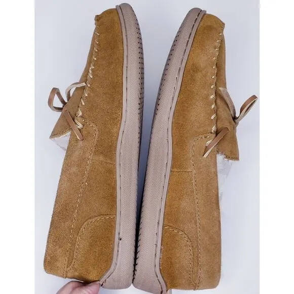 NWOT MY SLIPPERS Men's Size 9 Tan Suede Moccasin Faux Fur Lined Bedroom Shoes