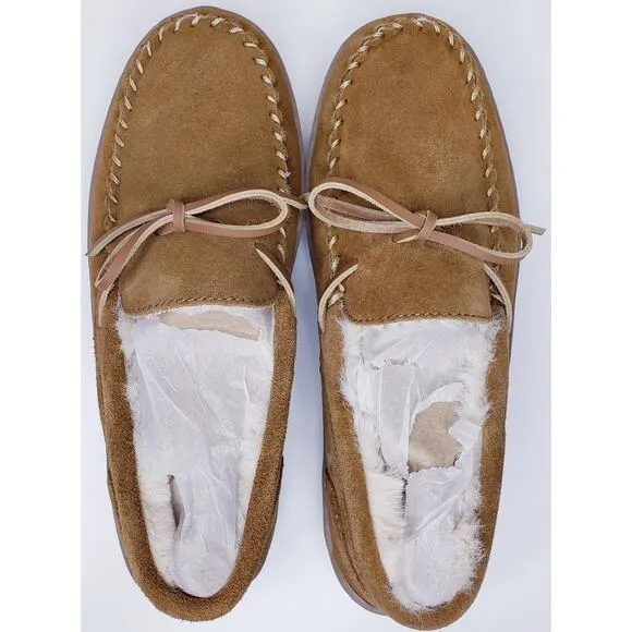 NWOT MY SLIPPERS Men's Size 9 Tan Suede Moccasin Faux Fur Lined Bedroom Shoes