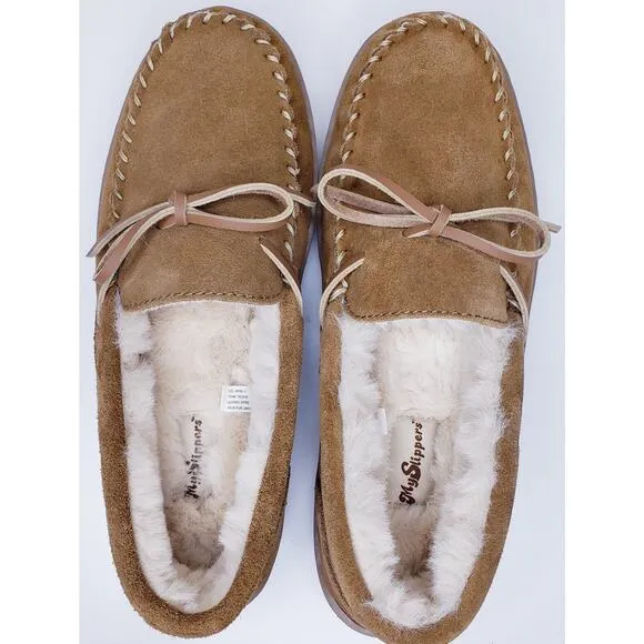 NWOT MY SLIPPERS Men's Size 9 Tan Suede Moccasin Faux Fur Lined Bedroom Shoes