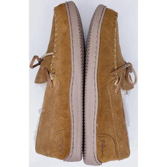 NWOT MY SLIPPERS Men's Size 9 Tan Suede Moccasin Faux Fur Lined Bedroom Shoes
