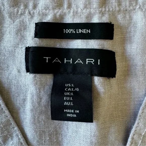 NWOT Tahari 100% Linen Minimalist Lagenlook SleevelessMidi Dress with Tie Grey
