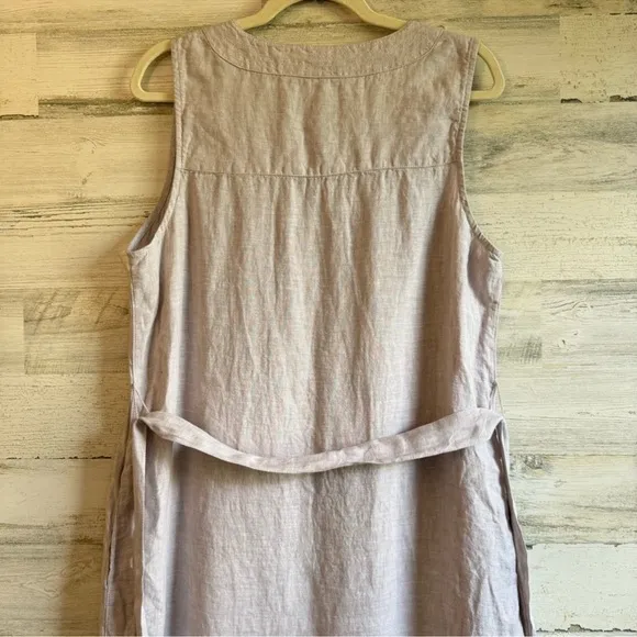 NWOT Tahari 100% Linen Minimalist Lagenlook SleevelessMidi Dress with Tie Grey