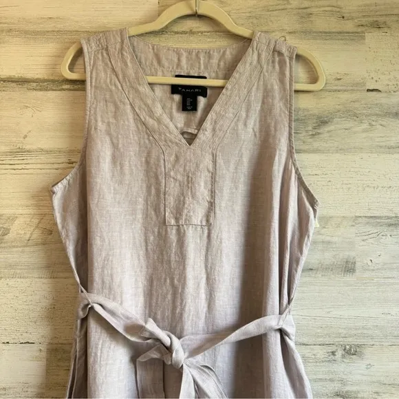 NWOT Tahari 100% Linen Minimalist Lagenlook SleevelessMidi Dress with Tie Grey