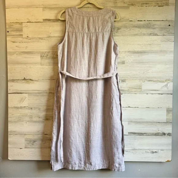NWOT Tahari 100% Linen Minimalist Lagenlook SleevelessMidi Dress with Tie Grey