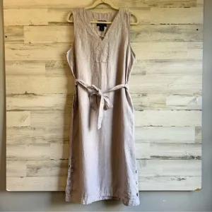 NWOT Tahari 100% Linen Minimalist Lagenlook SleevelessMidi Dress with Tie Grey
