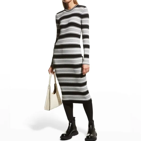 NWOT Theory Empire Wool Stripe Ribbed Merino wool stretch Midi Dress Medium