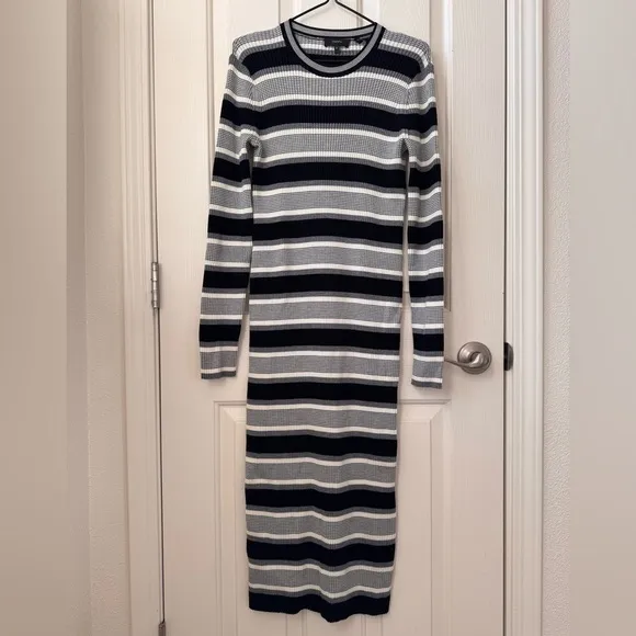 NWOT Theory Empire Wool Stripe Ribbed Merino wool stretch Midi Dress Medium