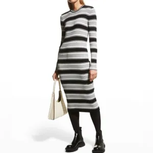 NWOT Theory Empire Wool Stripe Ribbed Merino wool stretch Midi Dress Medium