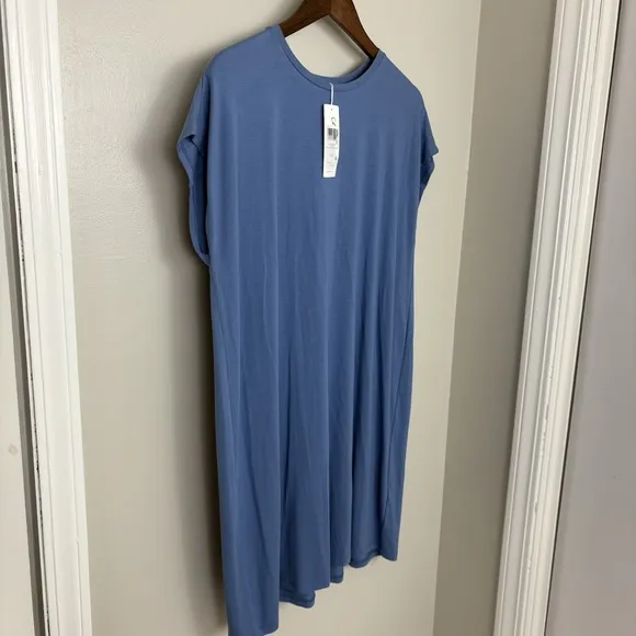 NWT $178 EILEEN FISHER ~ BLUE BOXY CREW NECK DRESS LARGE STRETCH QUIET LUXURY