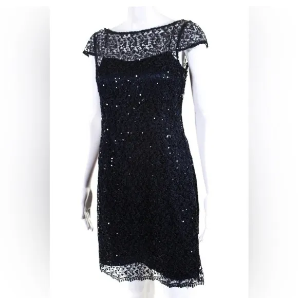 NWT! $398! Kay Unger Sequin Lace Navy Midnight Blue Sparkle SheathDress Size 10