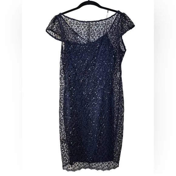 NWT! $398! Kay Unger Sequin Lace Navy Midnight Blue Sparkle SheathDress Size 10