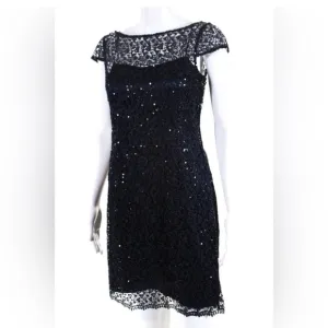NWT! $398! Kay Unger Sequin Lace Navy Midnight Blue Sparkle SheathDress Size 10