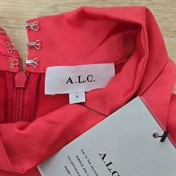 NWT A.L.C. Joss Ruched Asymmetric Satin Dress Size 0 Pink Barbiecore Long Sleeve