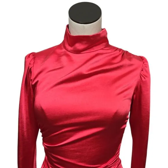 NWT A.L.C. Joss Ruched Asymmetric Satin Dress Size 0 Pink Barbiecore Long Sleeve