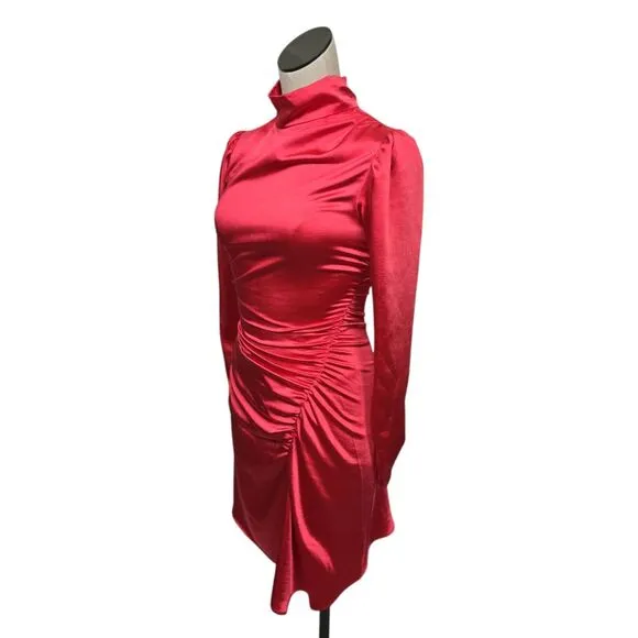 NWT A.L.C. Joss Ruched Asymmetric Satin Dress Size 0 Pink Barbiecore Long Sleeve