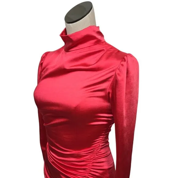 NWT A.L.C. Joss Ruched Asymmetric Satin Dress Size 0 Pink Barbiecore Long Sleeve