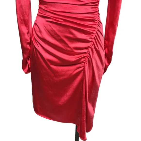NWT A.L.C. Joss Ruched Asymmetric Satin Dress Size 0 Pink Barbiecore Long Sleeve