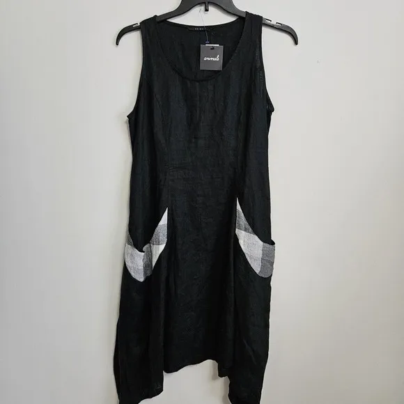 NWT Animale Black Luxury Linen Tank Dress Size US 10 Pockets Asymmetrical Hem