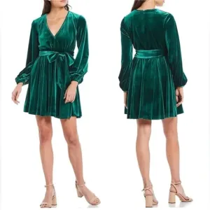 NWT Badgley Mischka Harmony Long Sleeve Sash Belt Stretch Velvet Dress size 6
