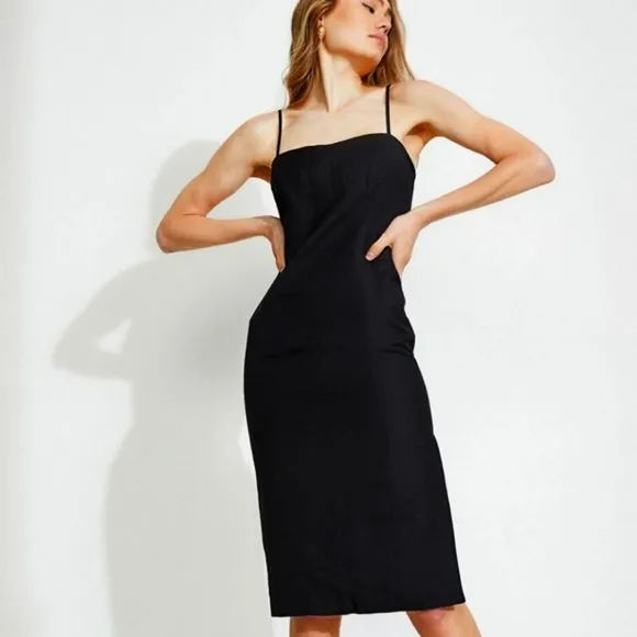 NWT BARDOT Black Linen Bodycon Sheath Midi Dress Size 10 Minimalist Neutral