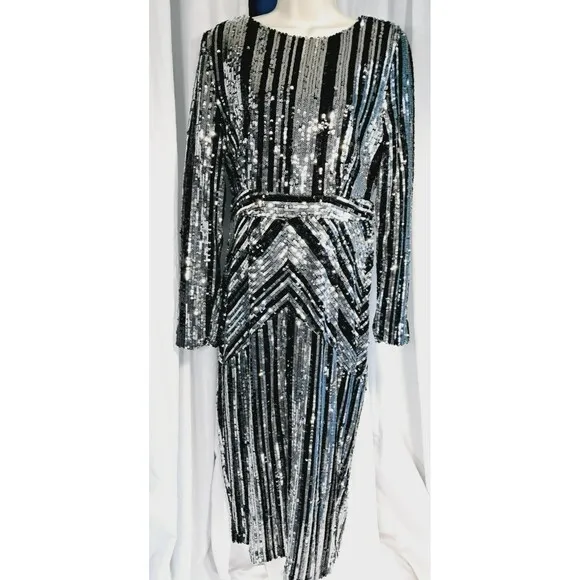 NWT Boohoo Lara Striped Black Silver Sequin Midi Party Dress Size 10 US