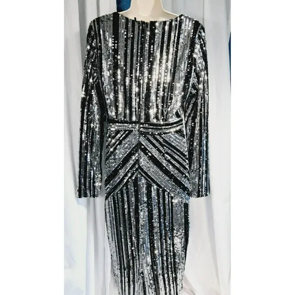 NWT Boohoo Lara Striped Black Silver Sequin Midi Party Dress Size 10 US