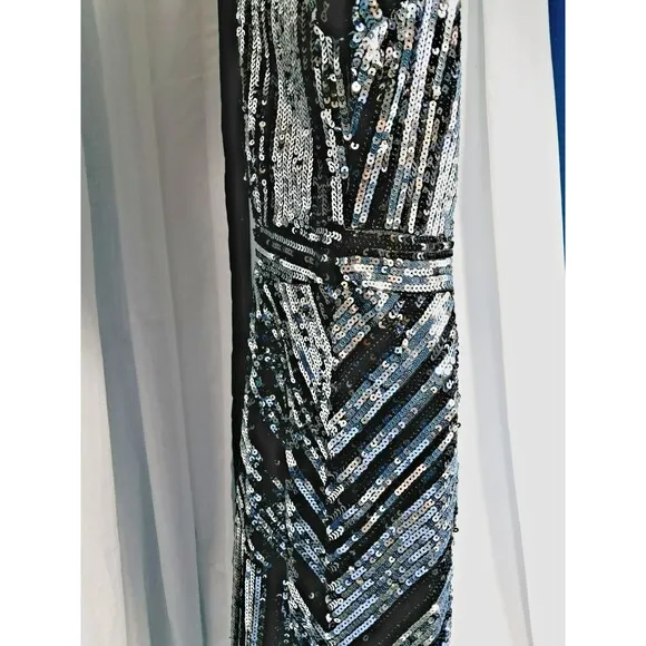 NWT Boohoo Lara Striped Black Silver Sequin Midi Party Dress Size 10 US