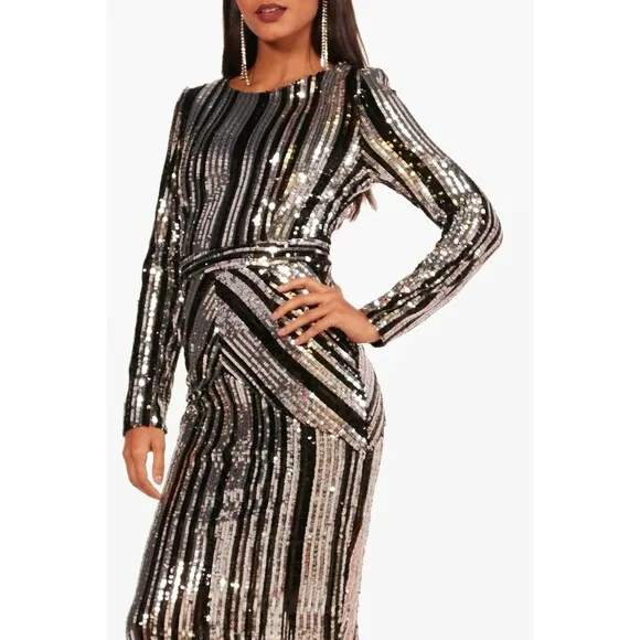 NWT Boohoo Lara Striped Black Silver Sequin Midi Party Dress Size 10 US