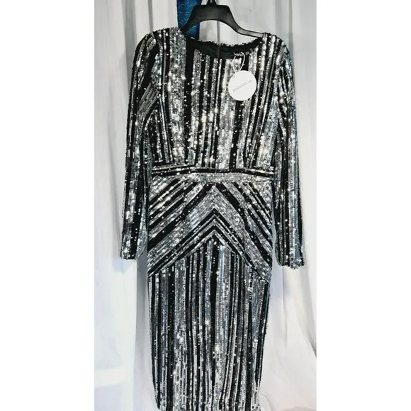 NWT Boohoo Lara Striped Black Silver Sequin Midi Party Dress Size 10 US