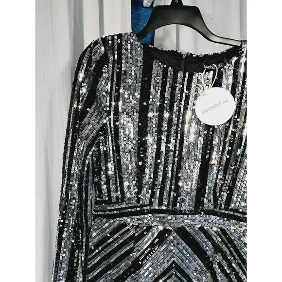 NWT Boohoo Lara Striped Black Silver Sequin Midi Party Dress Size 10 US