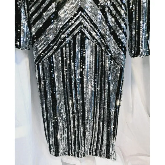 NWT Boohoo Lara Striped Black Silver Sequin Midi Party Dress Size 10 US