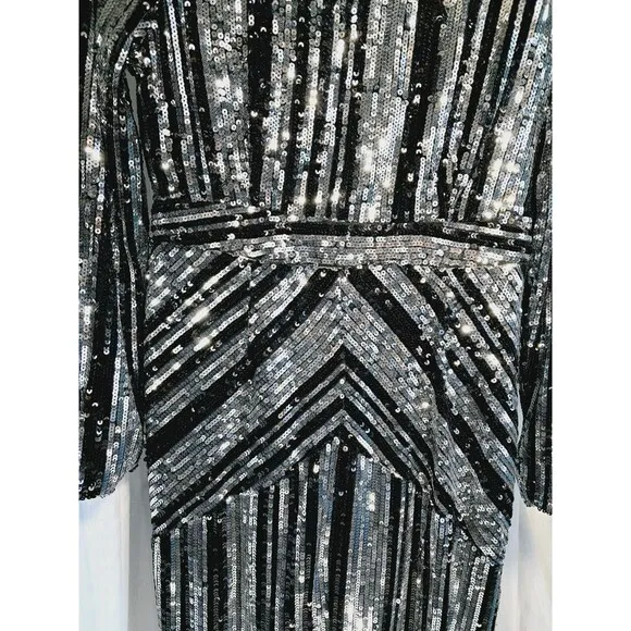 NWT Boohoo Lara Striped Black Silver Sequin Midi Party Dress Size 10 US