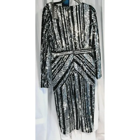 NWT Boohoo Lara Striped Black Silver Sequin Midi Party Dress Size 10 US