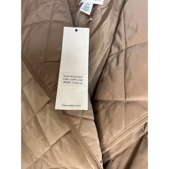 NWT Calvin Klein Jacket Womens L Tan Wrap Puffer Short Coat Classic Casual $129