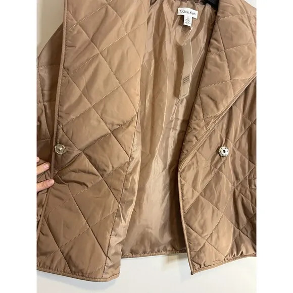 NWT Calvin Klein Jacket Womens L Tan Wrap Puffer Short Coat Classic Casual $129