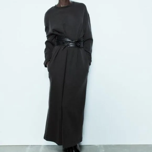 NWT CHARCOAL MINIMALIST OVERSIZED WASHED EFFECT INTERLOCK DRESS