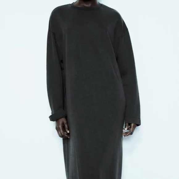 NWT CHARCOAL MINIMALIST OVERSIZED WASHED EFFECT INTERLOCK DRESS