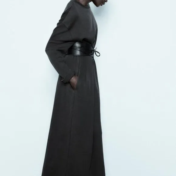NWT CHARCOAL MINIMALIST OVERSIZED WASHED EFFECT INTERLOCK DRESS