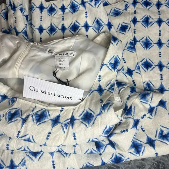 NWT CHRISTIAN LACROIX linen geometric Print Sleeveless fit flare Dress XS $498