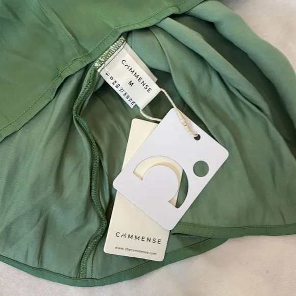 NWT Commense Green Satin Contrast Trim V neck Long Midi Maxi Dress